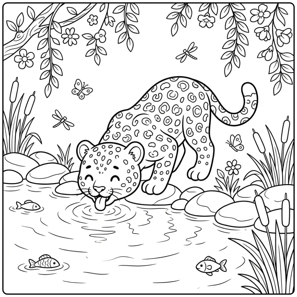 Een leuke kleurplaat luipaard die water drinkt aan de rivier.