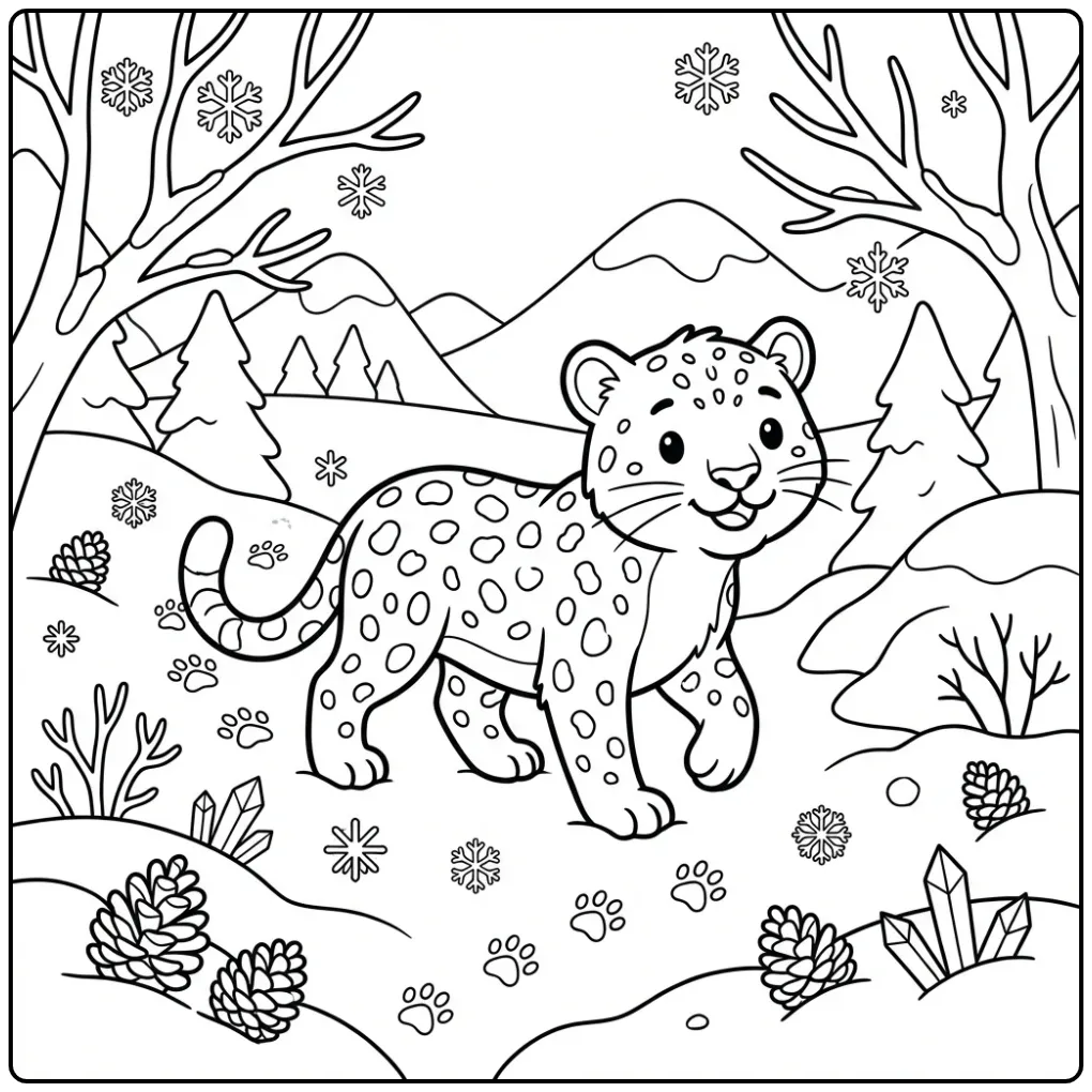 Kleurplaat luipaard wandelend door sneeuw en dennenbomen