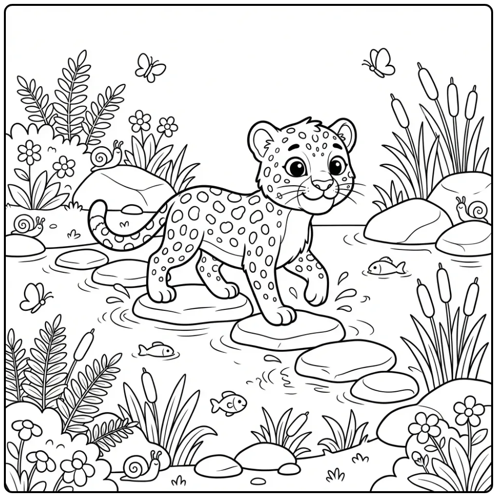 Lieve kleurplaat luipaard stapt over stenen in de rivier.