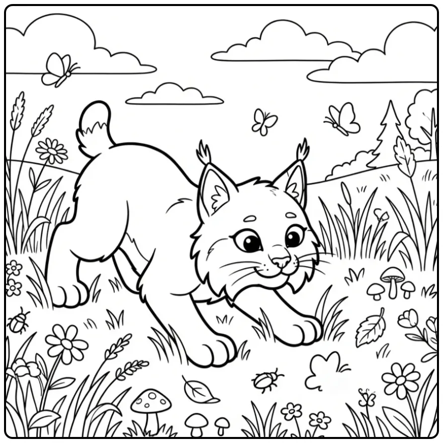 Een vrolijke kleurplaat lynx tussen de wilde bloemen.