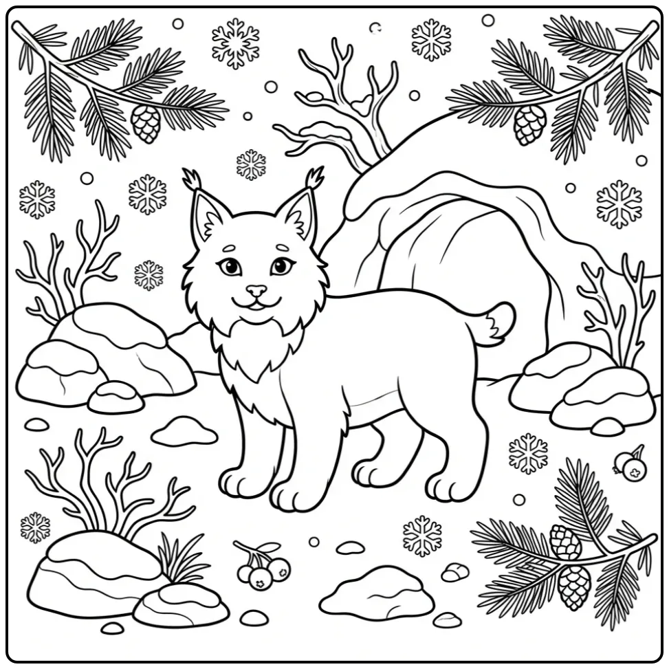 Kleurplaat lynx staand bij een gezellig hol in de sneeuw.