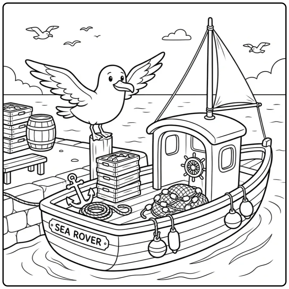 Een leuke kleurplaat meeuw bij een vissersboot in de haven.