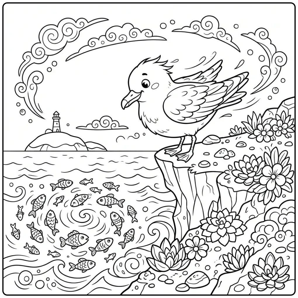 Een leuke kleurplaat meeuw die naar vissen kijkt.