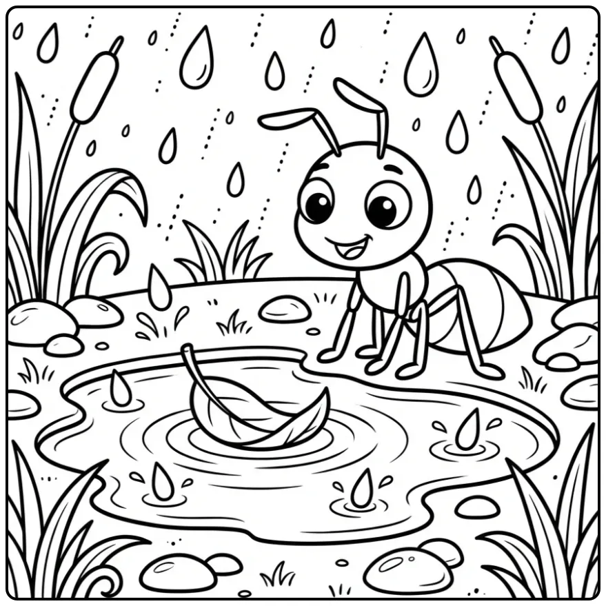 Leuke kleurplaat mier bij een regenplas met een bootje.