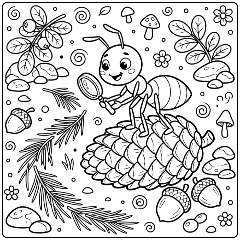 Vrolijke kleurplaat mier tussen dennennaalden en blaadjes.