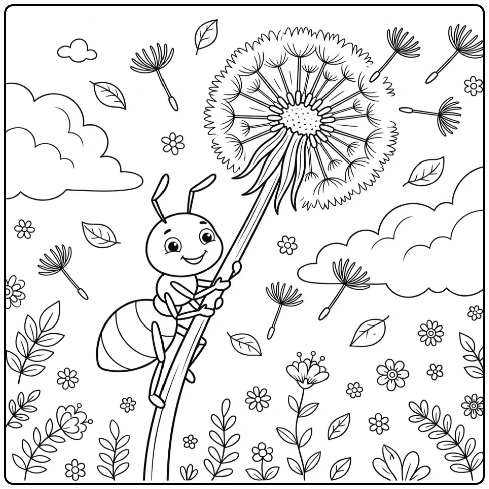 Vrolijke kleurplaat mier klimt langs een paardenbloem.