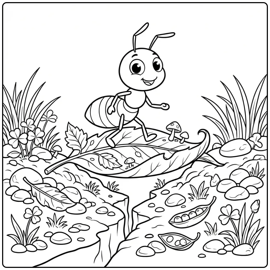 Avontuurlijke kleurplaat mier op een brug van een blad.