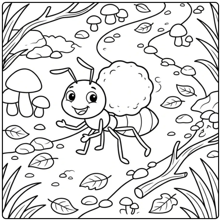 Vrolijke kleurplaat mier met een kruimel op een bospad.