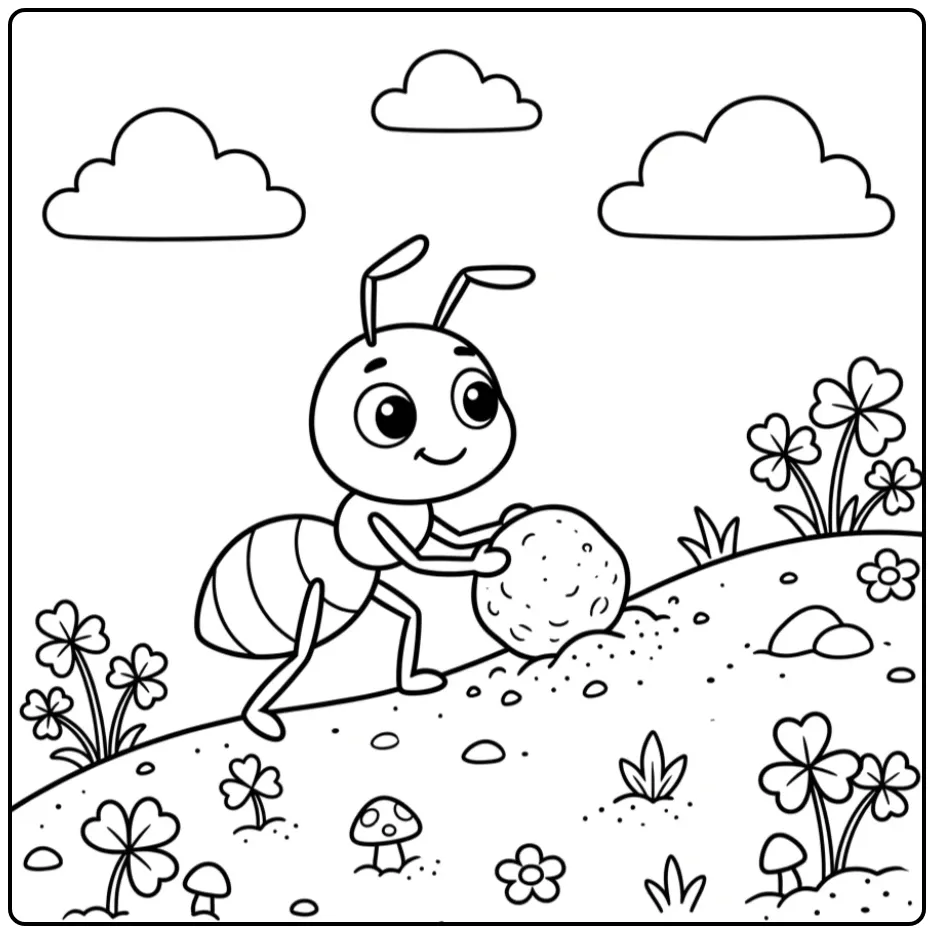 Cartoon kleurplaat mier duwt een steentje heuvelopwaarts.