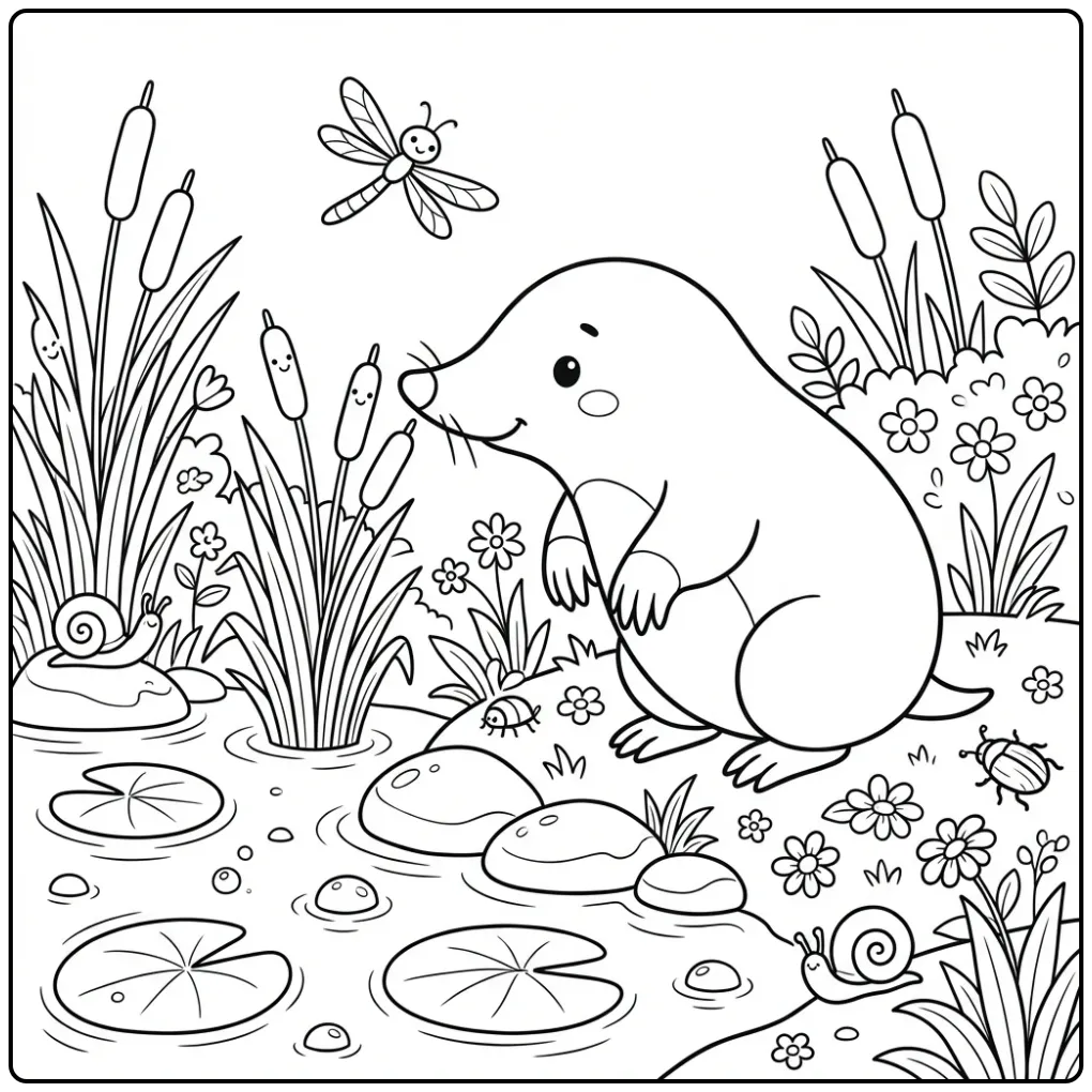 Leuke kleurplaat mol bij een vijver met riet en een libel.