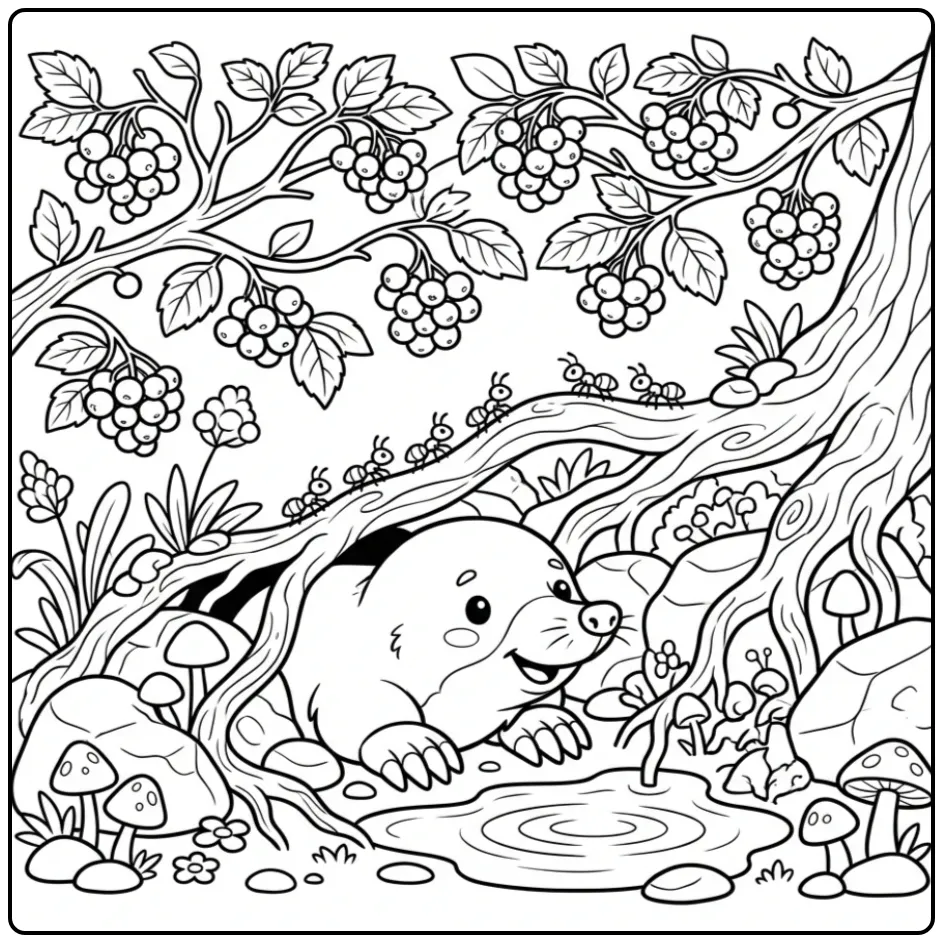 Een leuke kleurplaat mol tussen stenen en takken.