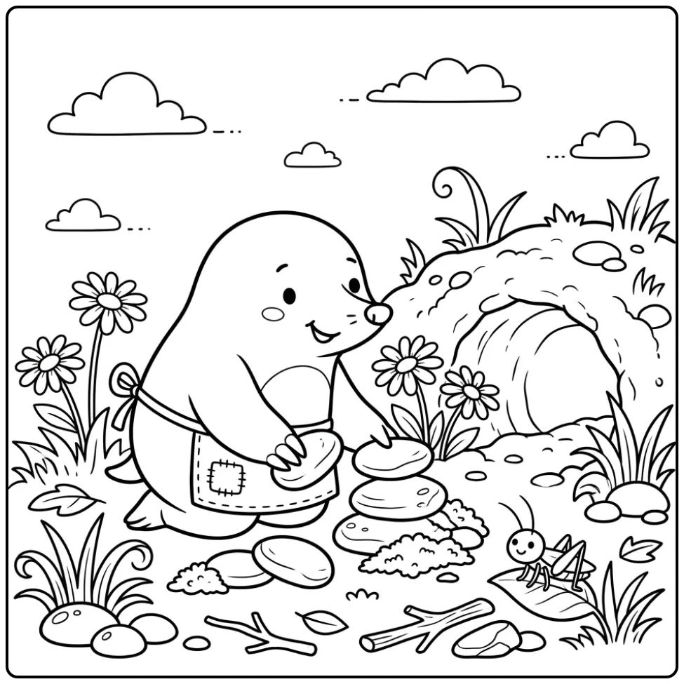 Vrolijke kleurplaat mol bij zijn hol met een kleine krekel.