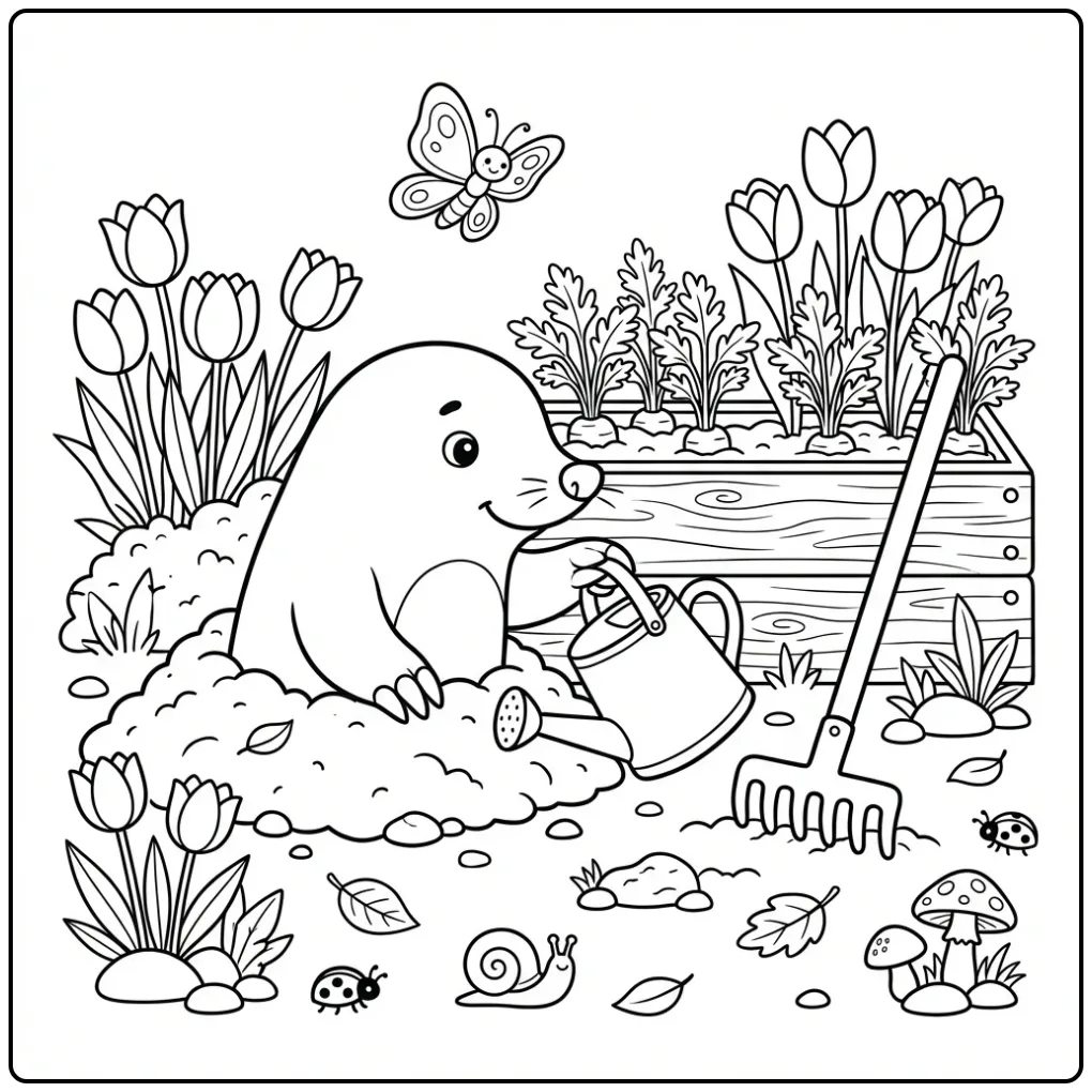 Leuke kleurplaat mol met gieter en vlinder in de tuin.