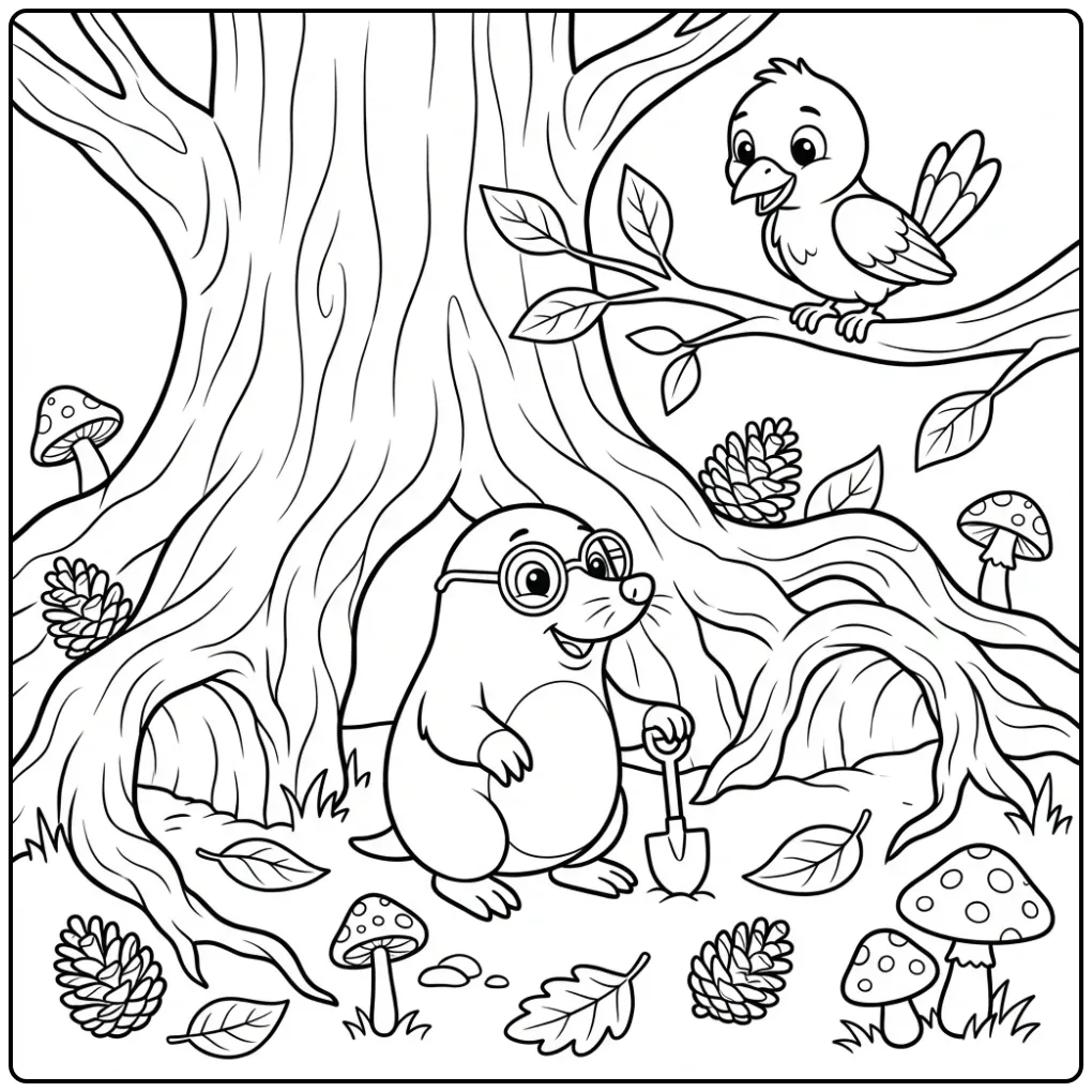 Kleurplaat mol graaft onder boomwortels en dennenappels.