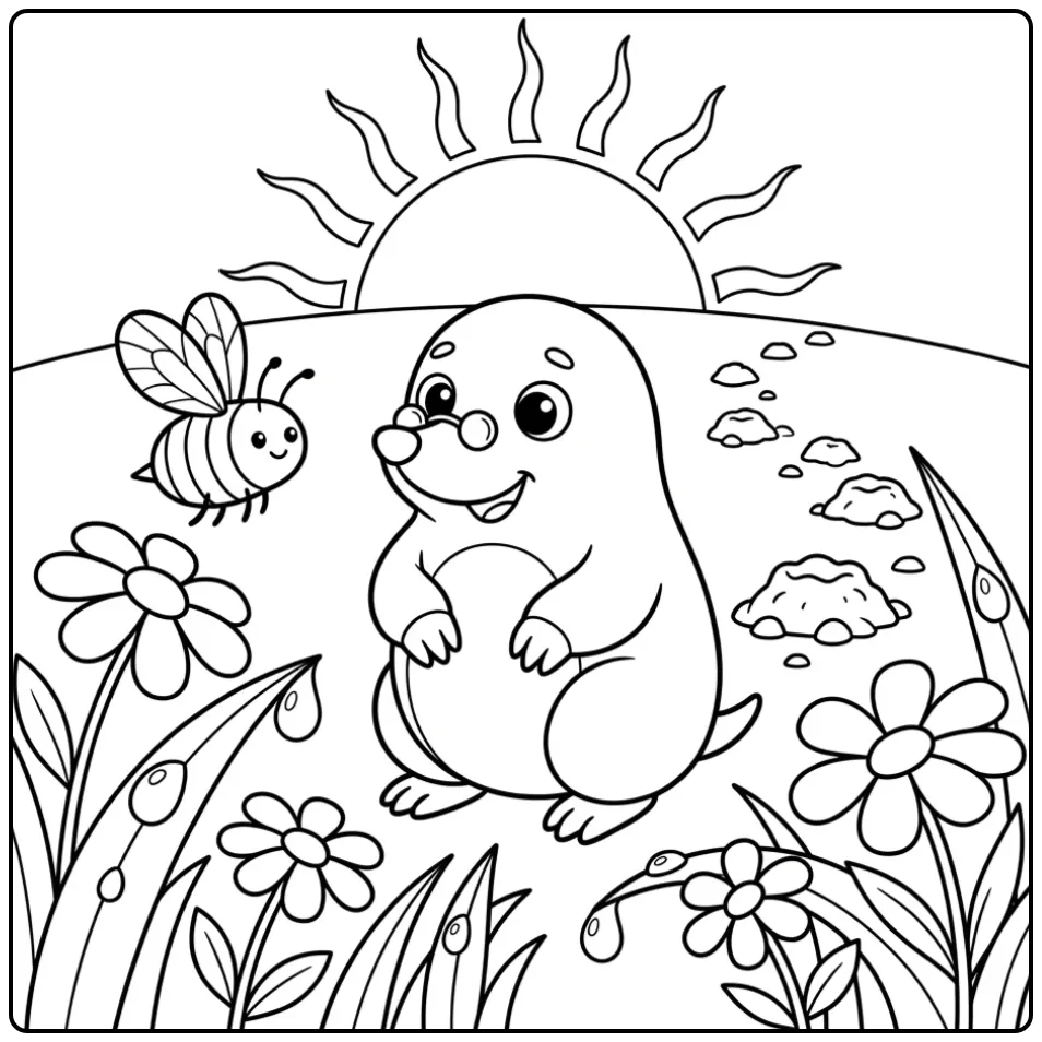 Vrolijke kleurplaat mol tussen bloemen en een zoemende bij.