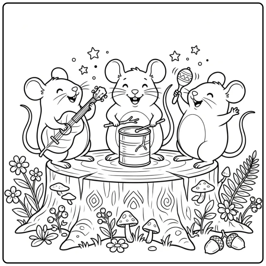 Muzikale kleurplaat muis: drie muizen spelen op een boomstronk.