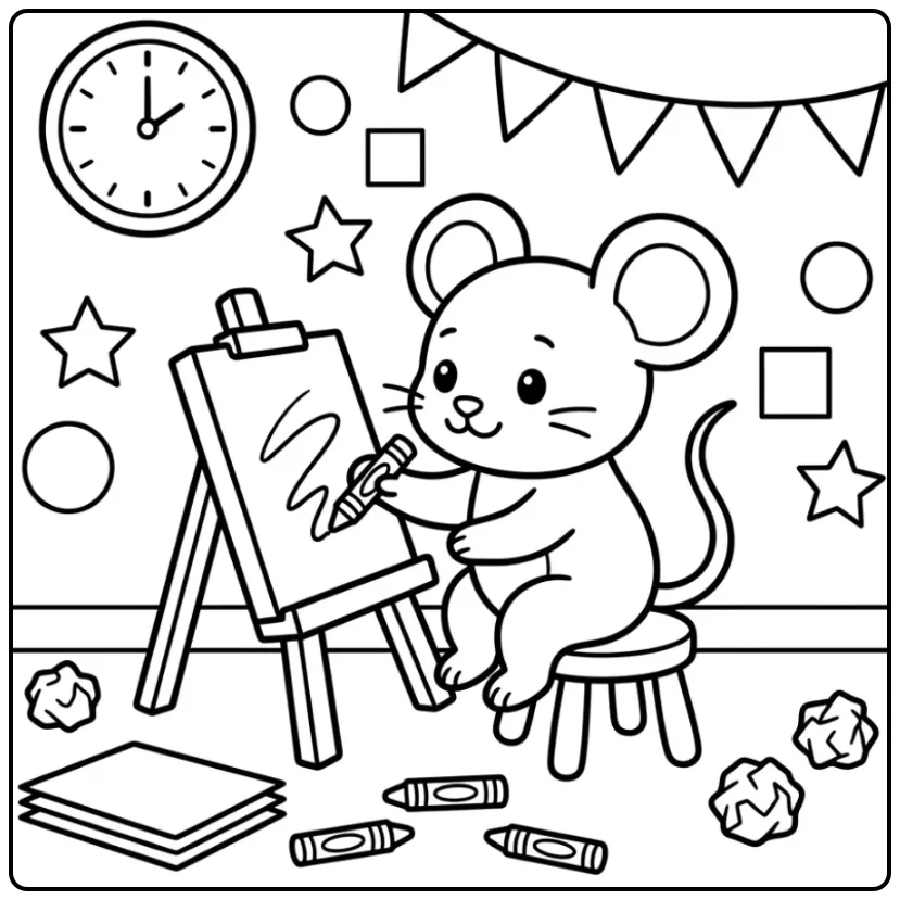 Kleurplaat muis tekent op een ezel in een klein klaslokaal.