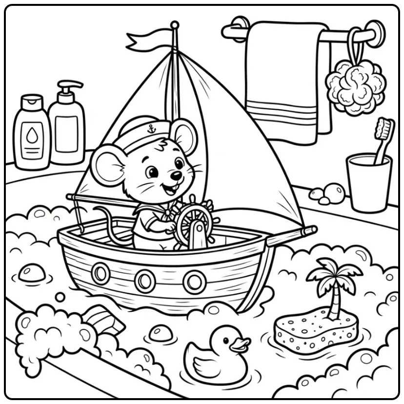 Vrolijke kleurplaat muis op een zeilboot in bad.