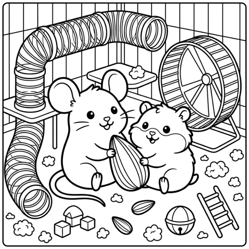 Een leuke kleurplaat muis en hamster delen een zonnebloempit.