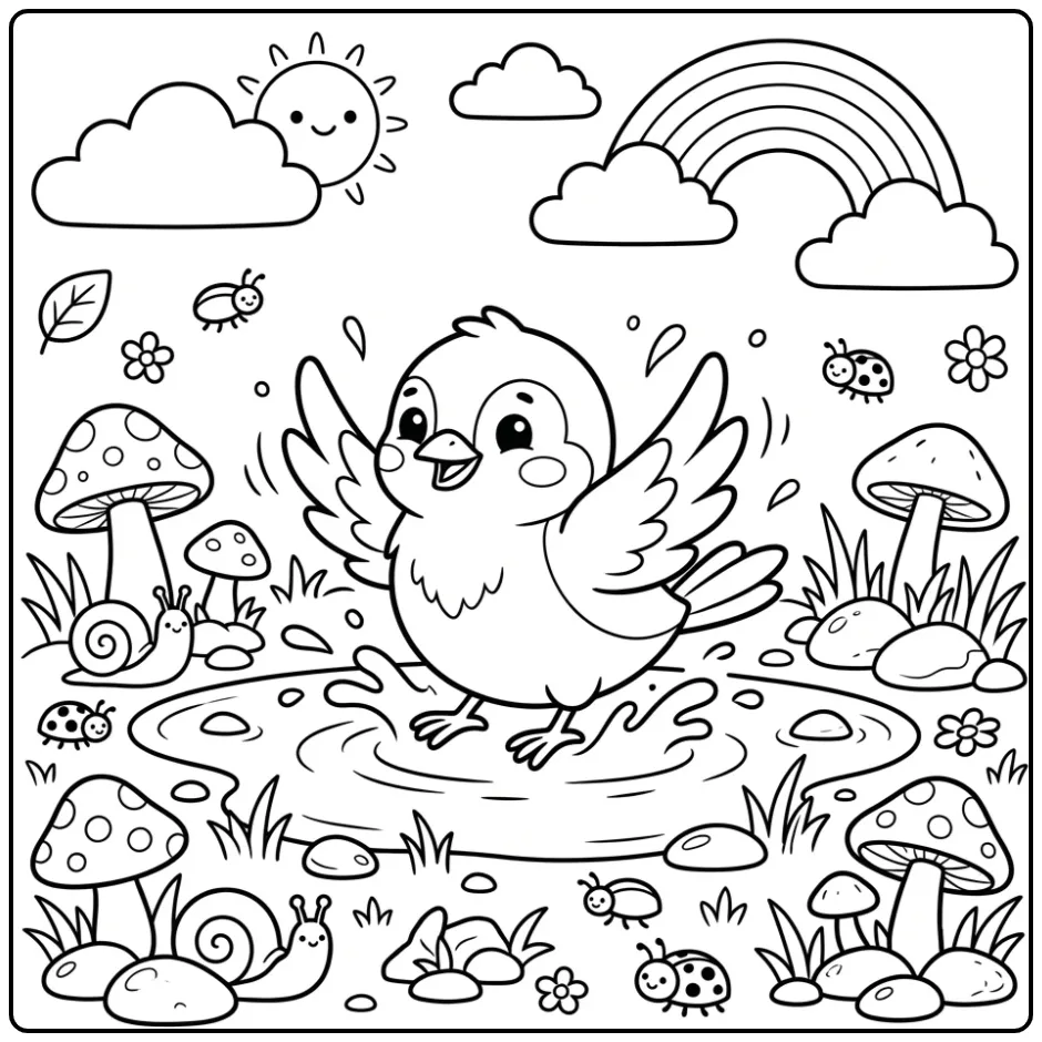 Een vrolijke kleurplaat mus spetterend in een waterplas.