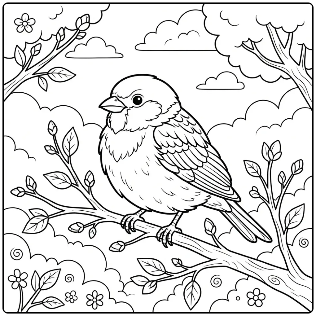 Vrolijke kleurplaat mus op een tak met zachte lentebloesem.