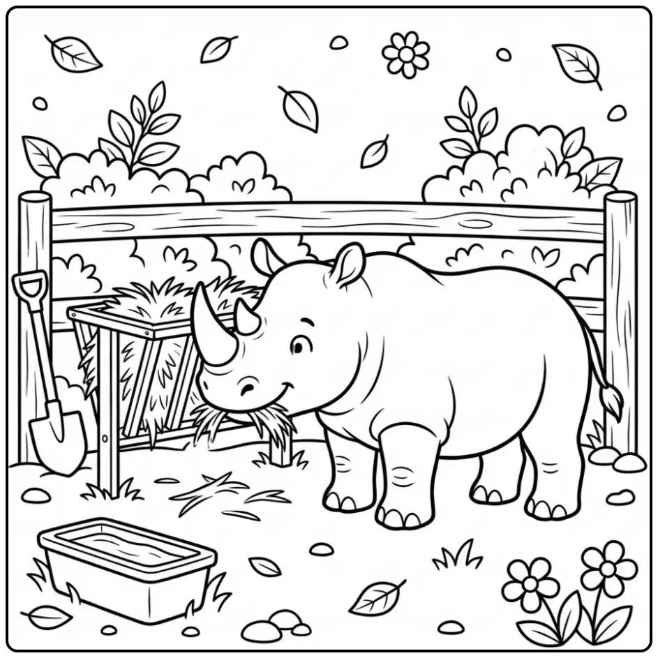 Kleurplaat neushoorn die rustig hooi eet in de dierentuin.