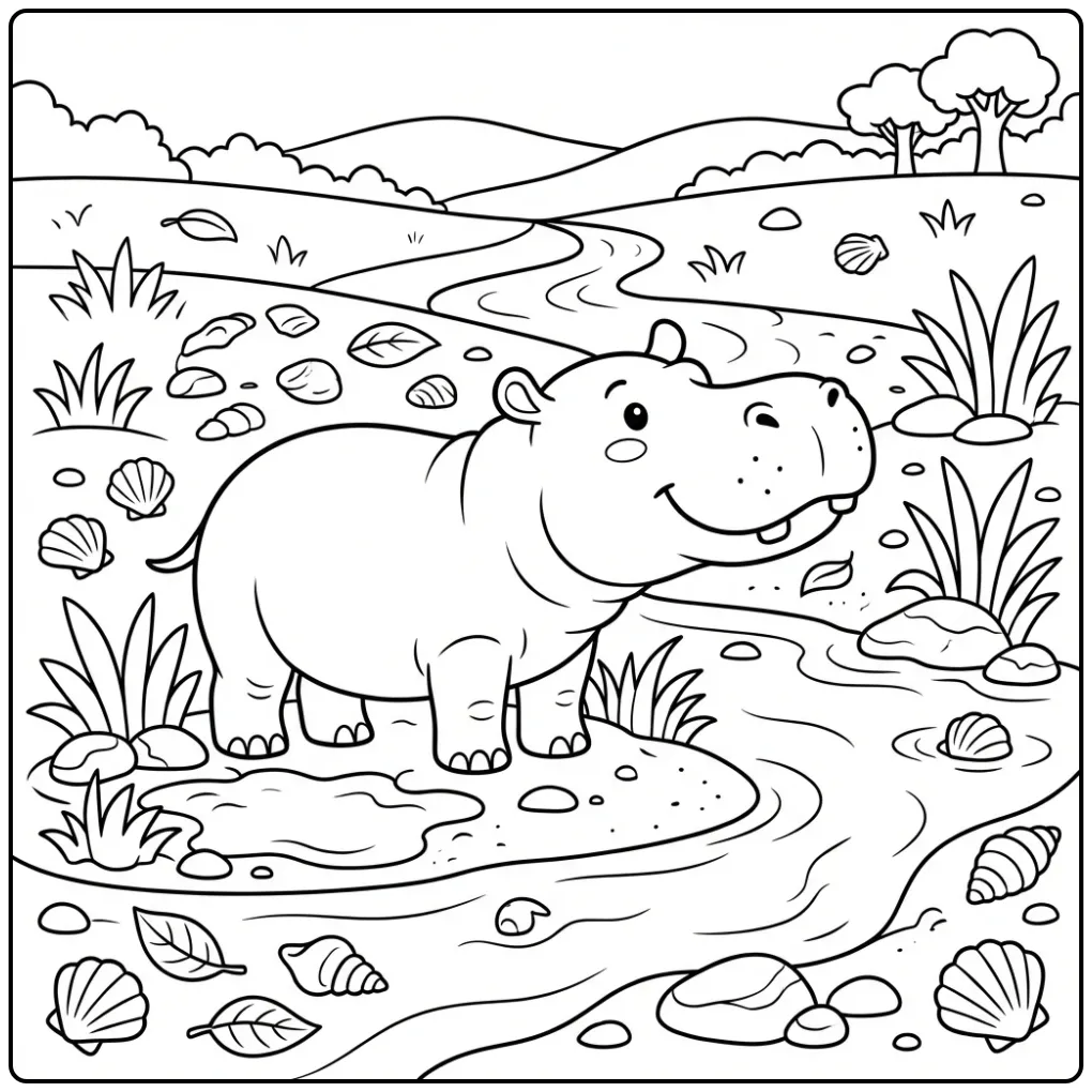 Vrolijke kleurplaat nijlpaard in de modder met gras.