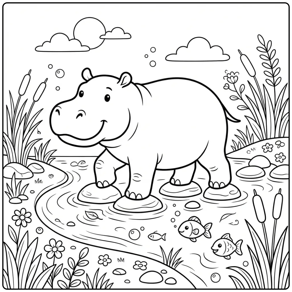 Vrolijke kleurplaat nijlpaard met vissen in de rivier.