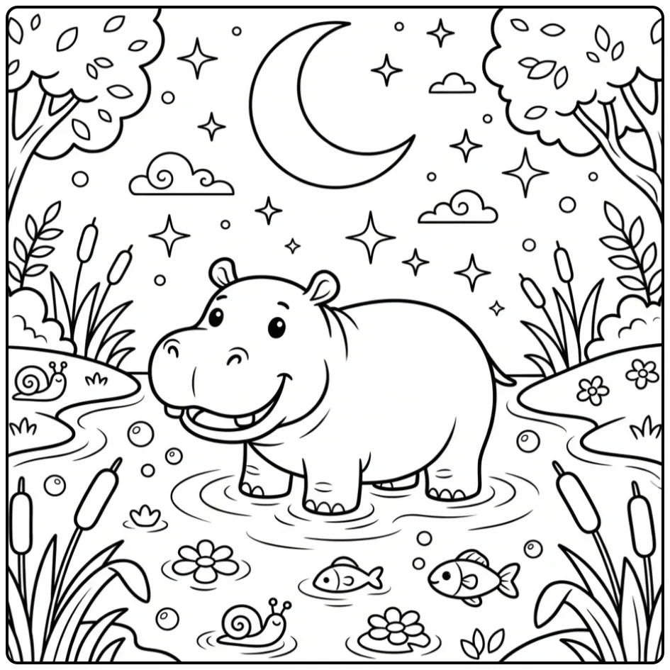 Lieve kleurplaat nijlpaard zwemmend onder de sterren.