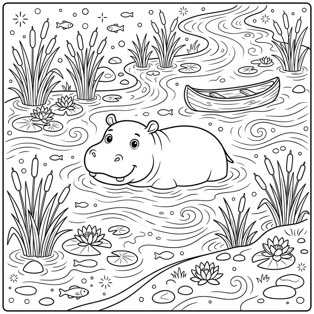 Een vrolijke kleurplaat nijlpaard tussen het riet.