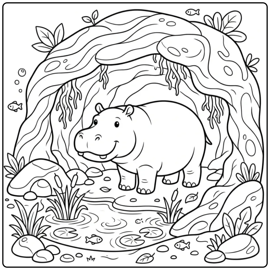 Een leuke kleurplaat nijlpaard in een grot bij de rivier.