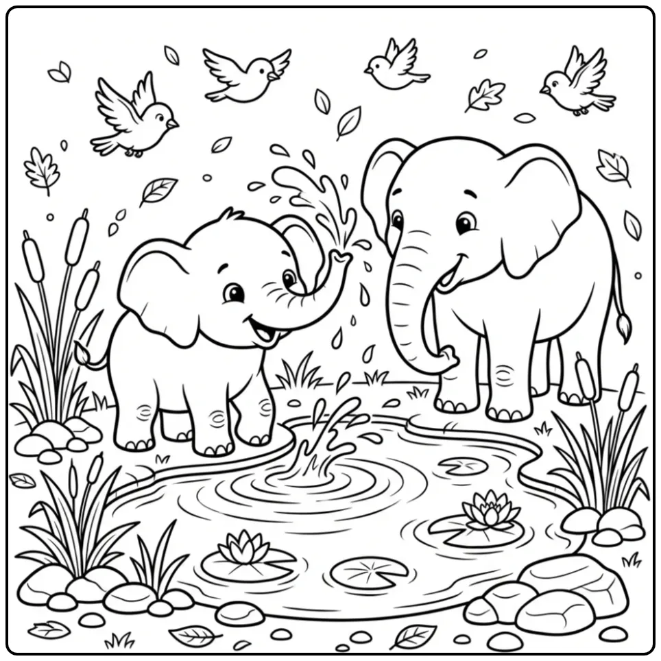 Spelend jong in het water op deze kleurplaat olifant.