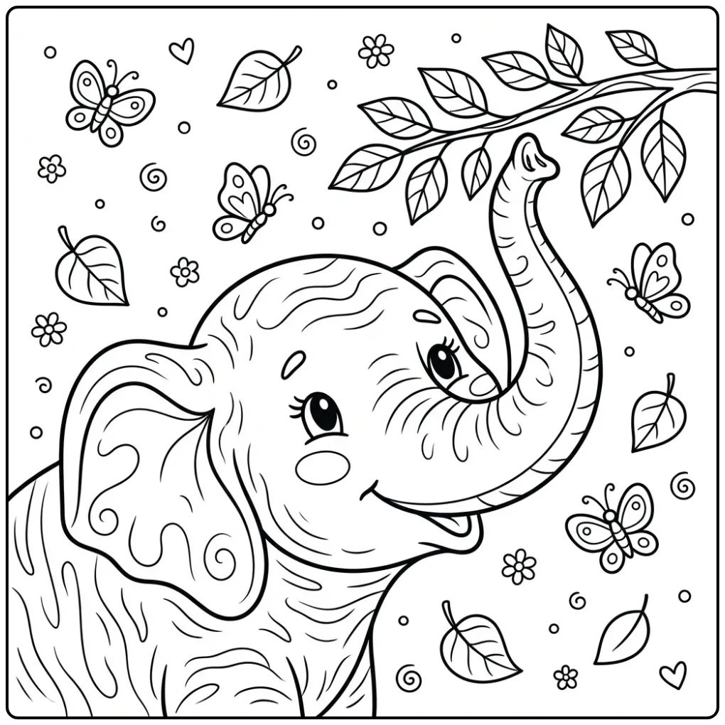 Leuke kleurplaat olifant met vlinders en blaadjes.
