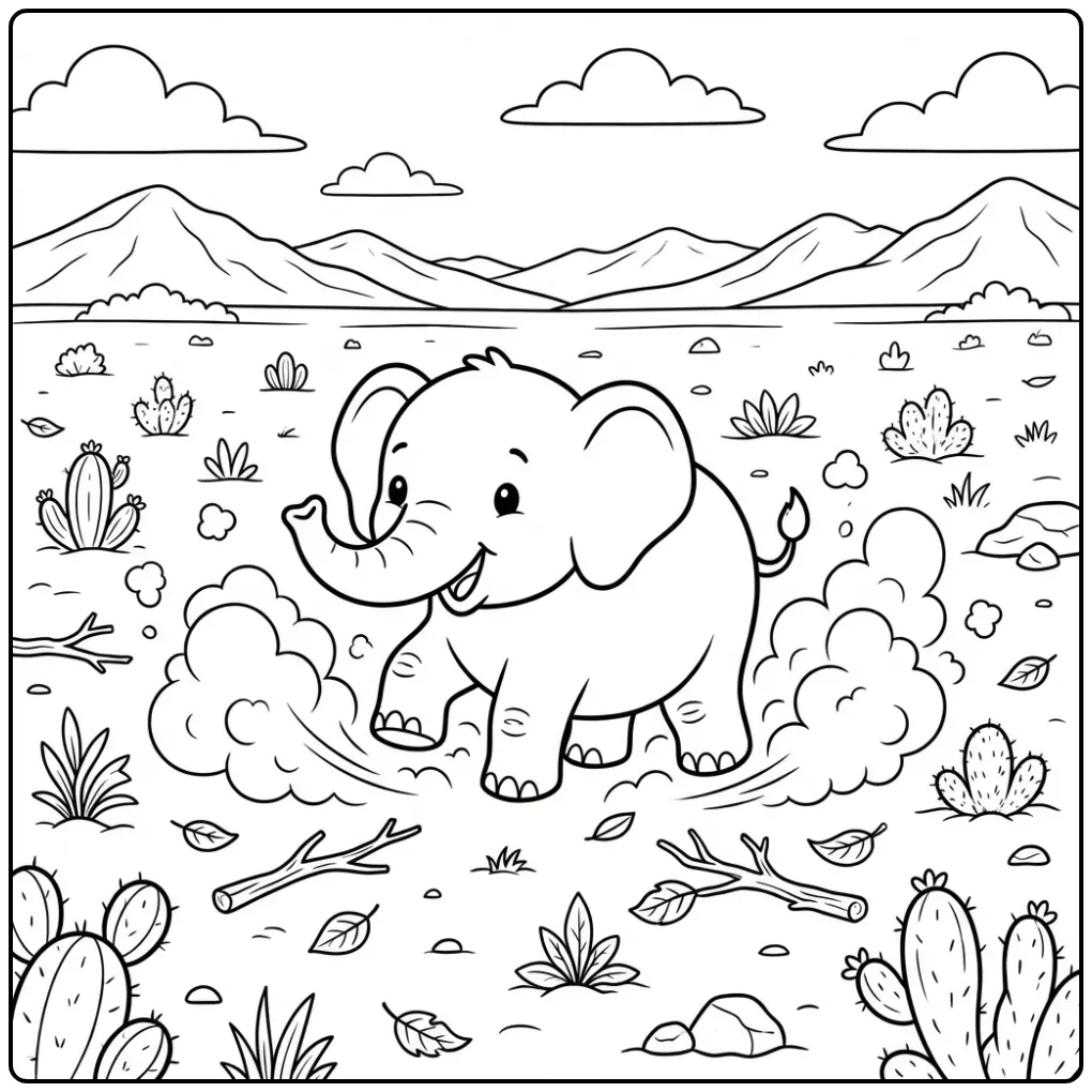 Een leuke kleurplaat olifant die een stofbad neemt.