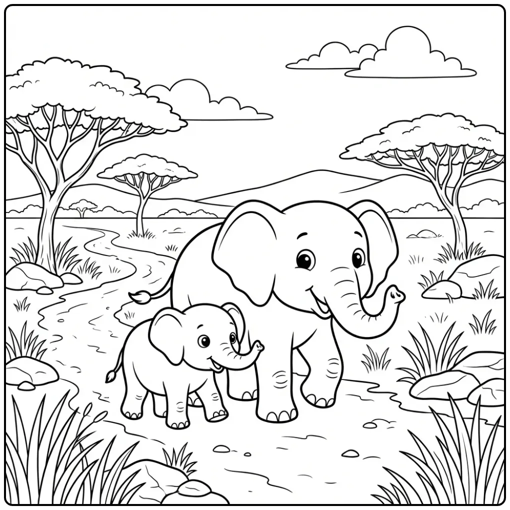 Lieve moeder en baby kleurplaat olifant lijntekening