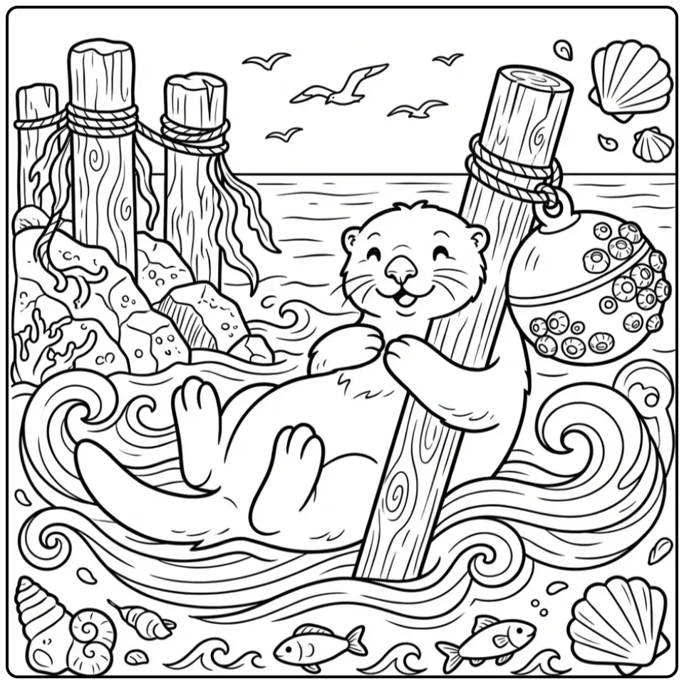Een leuke kleurplaat otter die een boei vasthoudt.