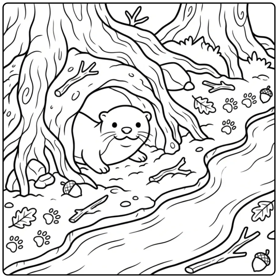 Leuke kleurplaat otter die uit een hol onder boomwortels kijkt.