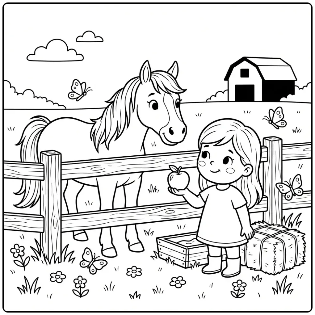 Gratis kleurplaat paard met meisje en vlinders.