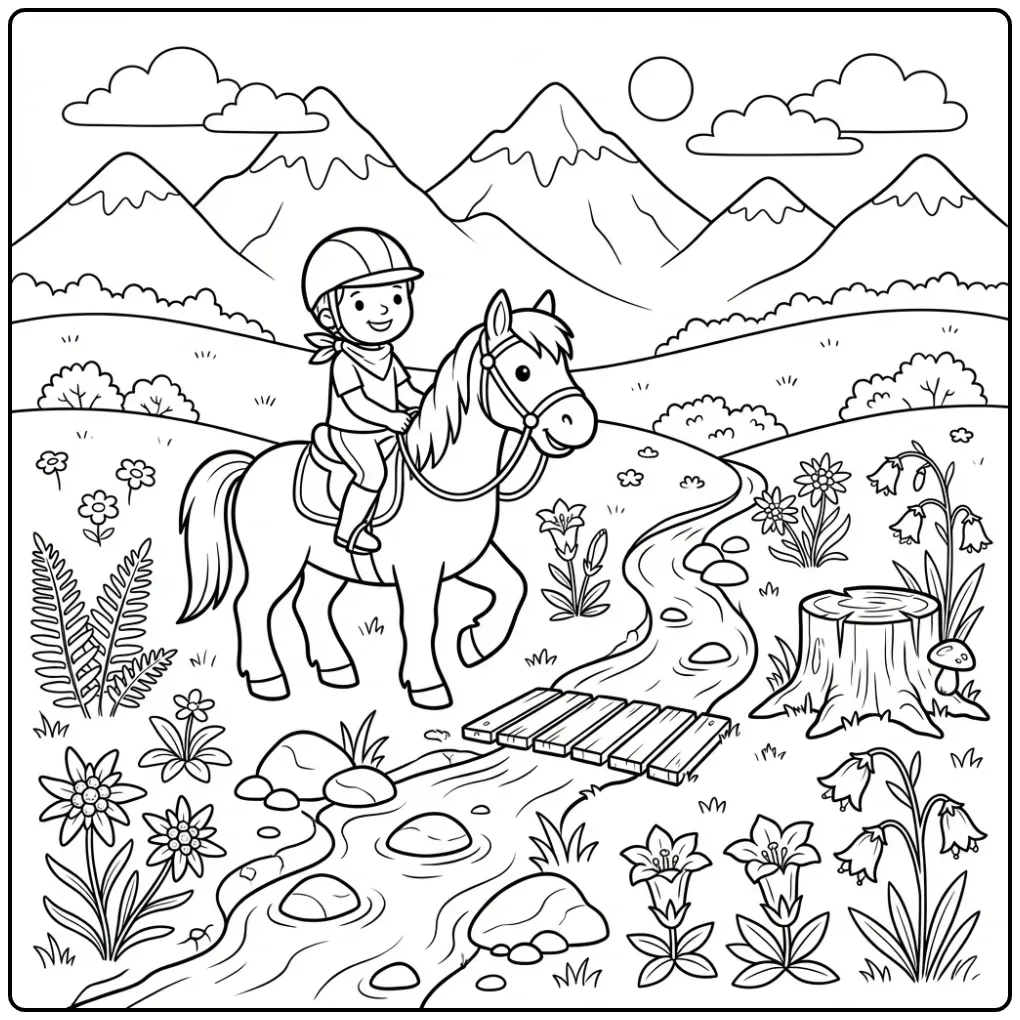 Mooie kleurplaat paard met ruiter in een bergweide.