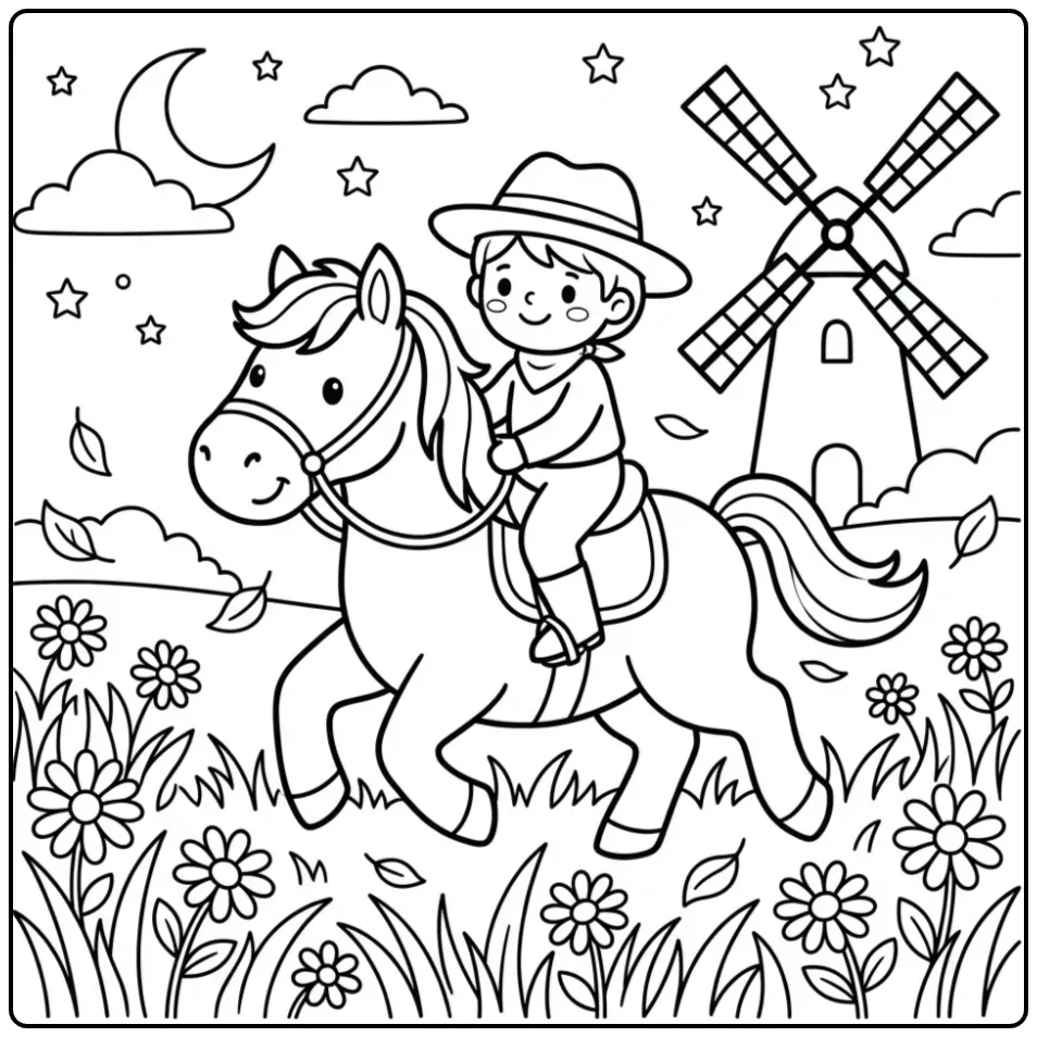 Mooie kleurplaat paard met ruiter bij een molen.