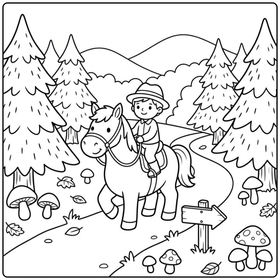 Boswandeling op een kleurplaat paard met ruiter.