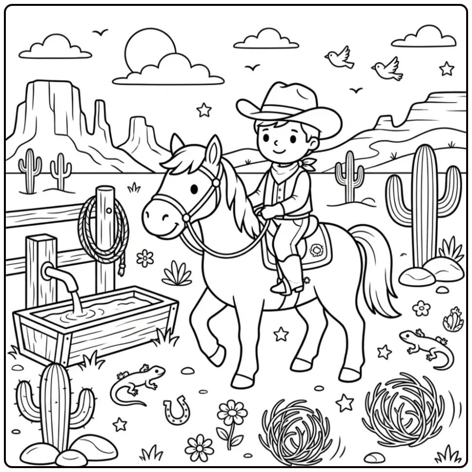 Leuke kleurplaat paard met ruiter bij cactussen en rotsen.