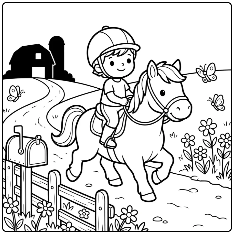 Vrolijke kleurplaat paard met ruiter langs een hek.