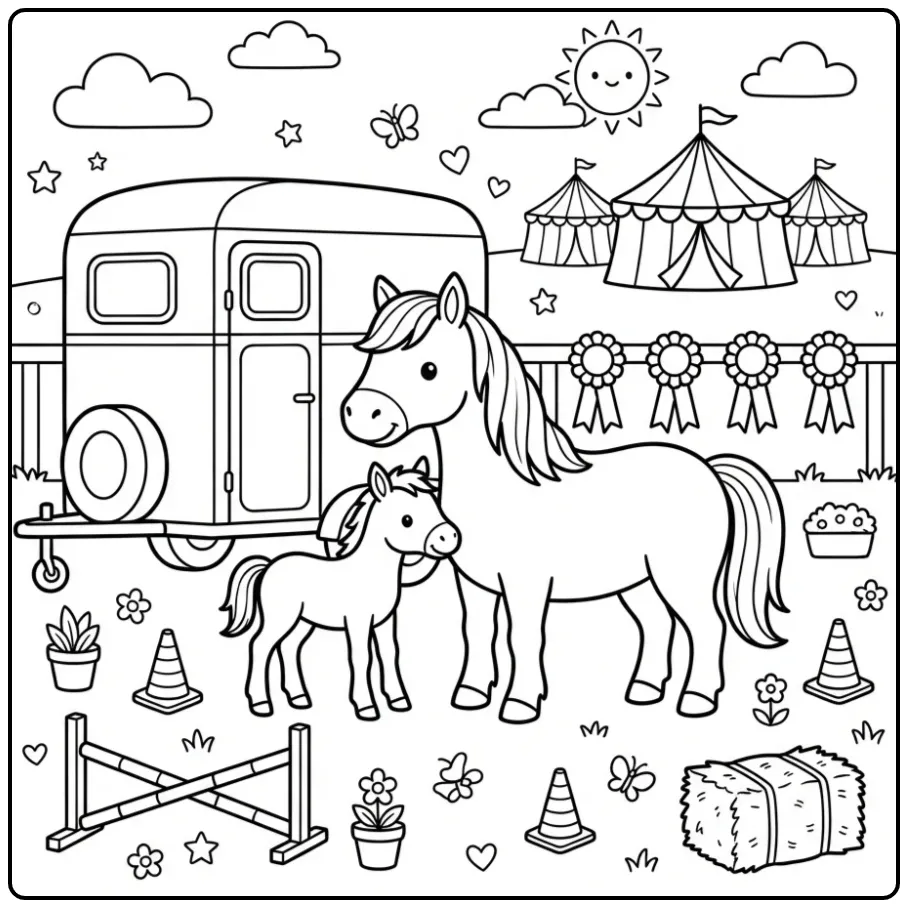 Leuke kleurplaat paard met veulen op het showterrein.