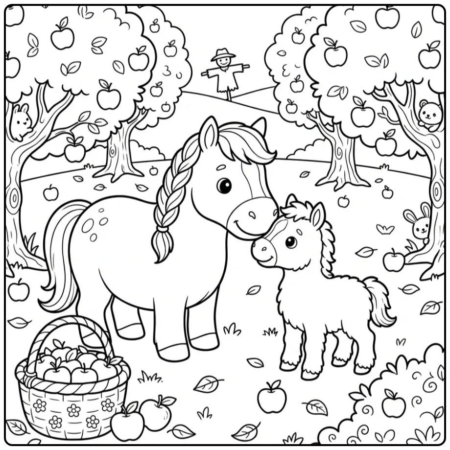 Leuke kleurplaat paard met veulen tussen de appels en mand.