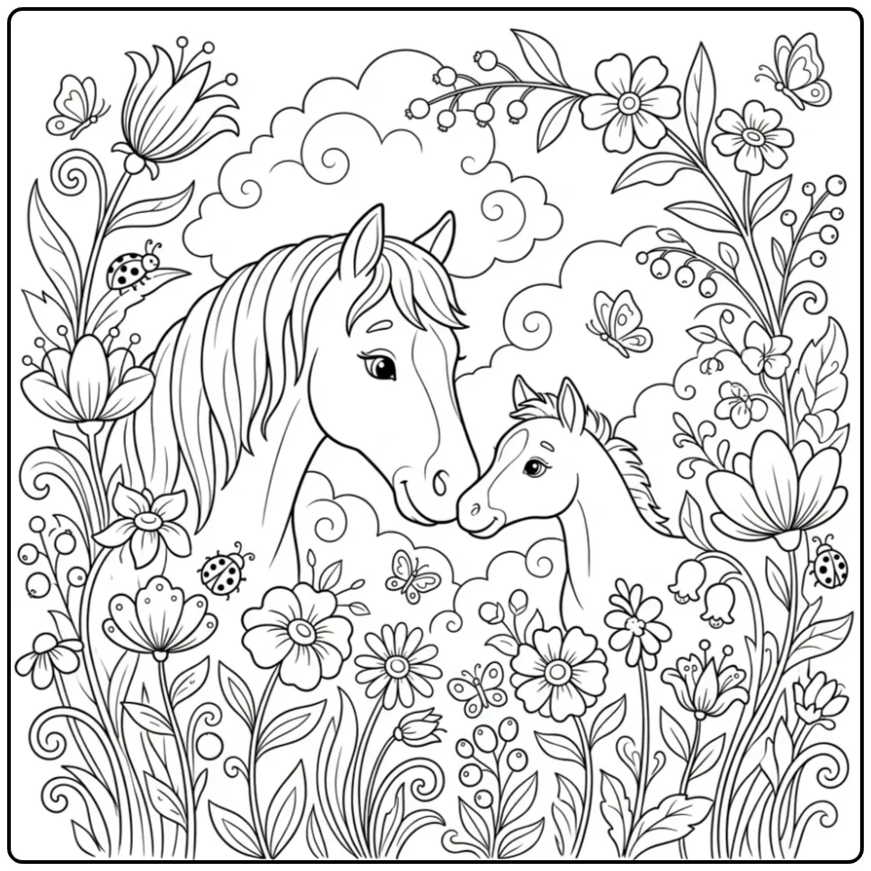 Lieve kleurplaat paard met veulen in een bloemenwei.