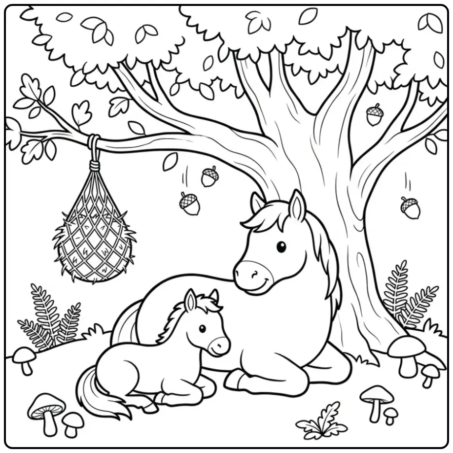 Een lieve kleurplaat paard met veulen rustend in het gras.