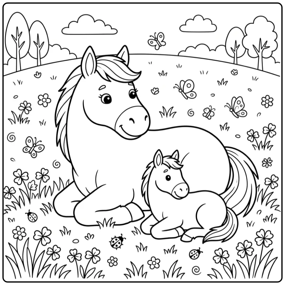 Lieve kleurplaat paard met veulen in het gras met vlinders.