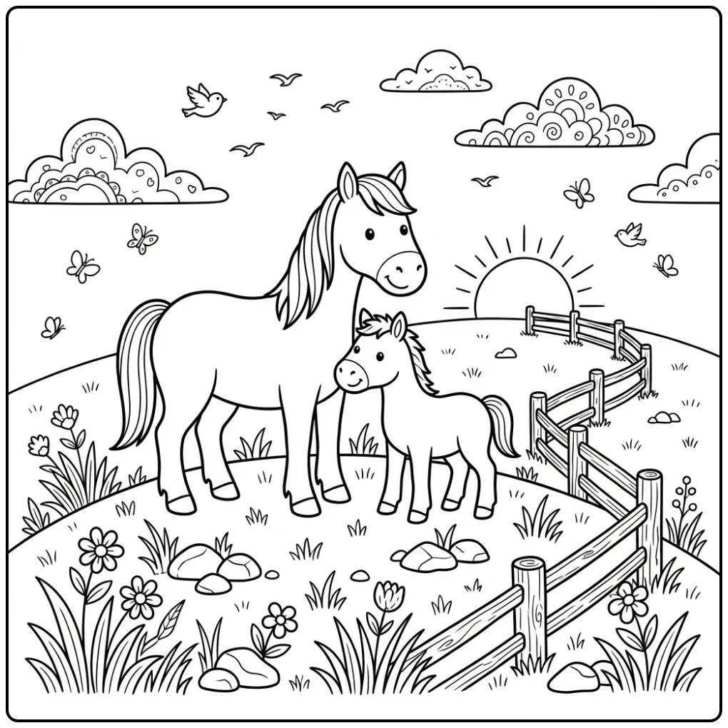 Mooie kleurplaat paard met veulen op een zonnige heuvel.