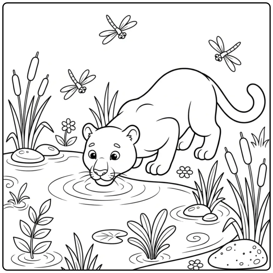 Leuke kleurplaat panter tussen riet en waterplanten.